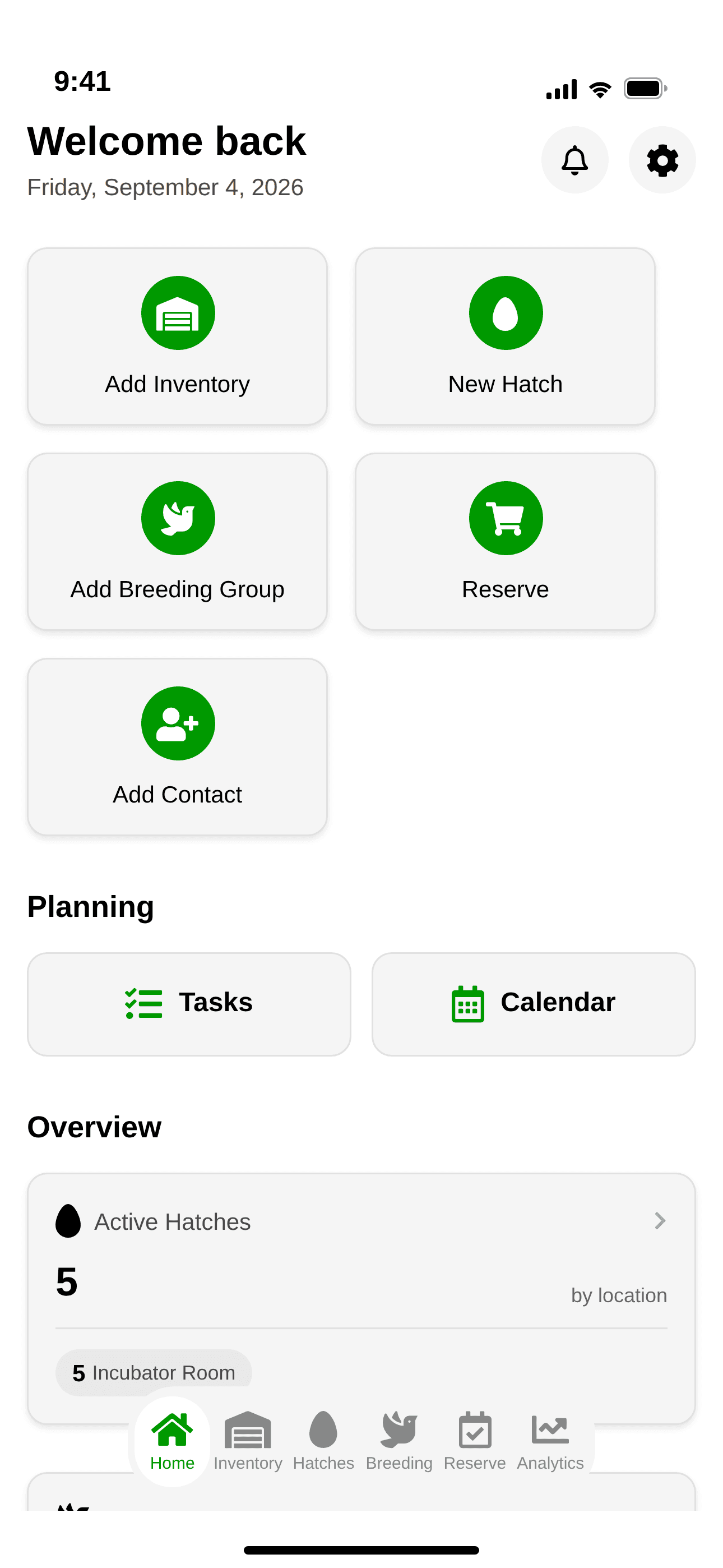 HatchTracker home screen with quick actions and an overview of active hatches