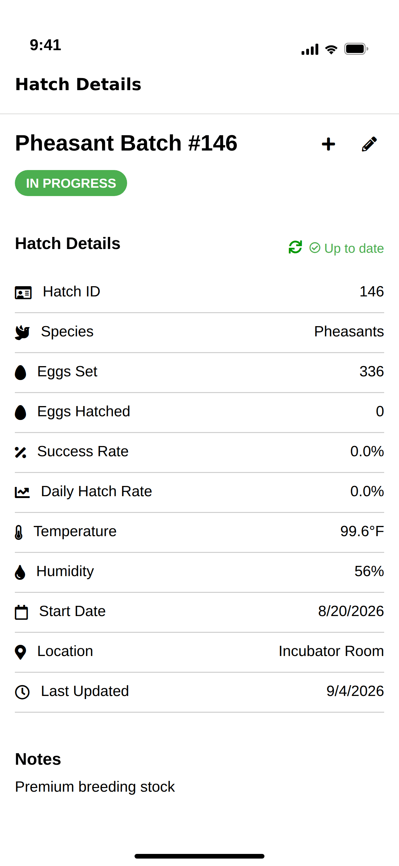 HatchTracker hatch detail with incubation stats and daily logs