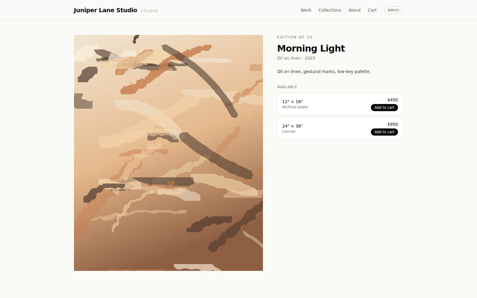 An artwork page on ArtShops with edition sizes and add-to-cart