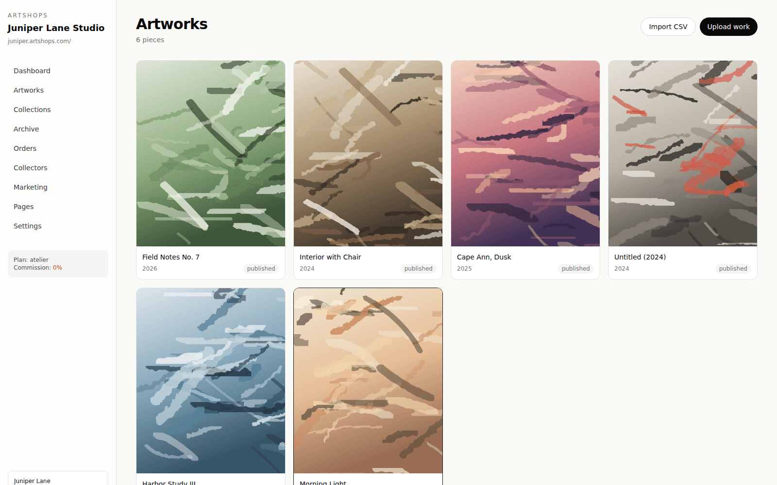 The ArtShops artist admin, artworks catalog view
