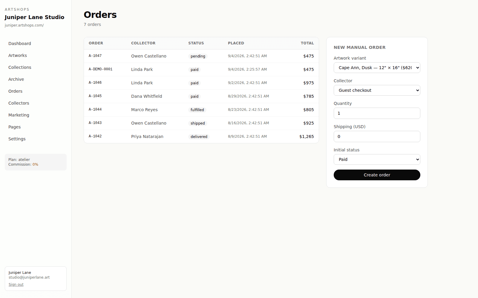 The ArtShops orders view with statuses and a manual order form