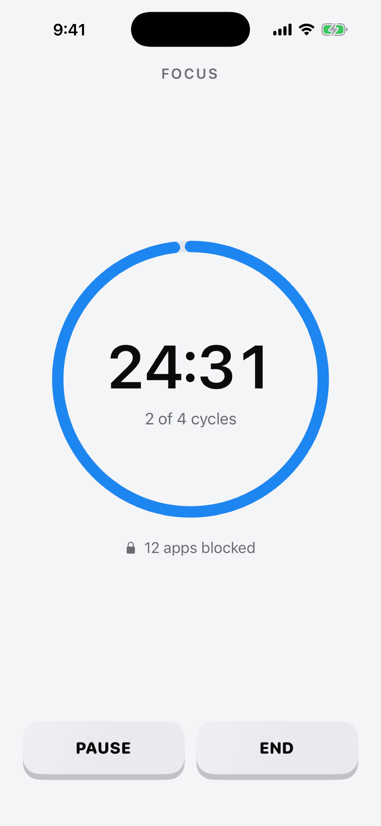 Podoro active focus timer with a countdown ring and apps blocked